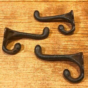 Three (3) Cast Iron Rustic Brown Double Wall Hooks Three (3) 0170-01202